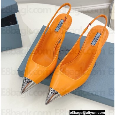 Prada Heel 7.5cm Brushed Leather Metal Toecap Slingback Pumps Orange 2022