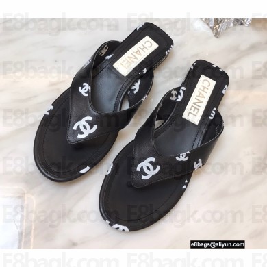 Chanel Logo Printed Lambskin Thong Flat Mules Black 2022