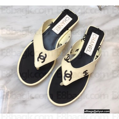 Chanel Logo Printed Lambskin Thong Flat Mules Creamy 2022