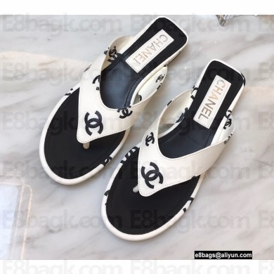 Chanel Logo Printed Lambskin Thong Flat Mules White 2022