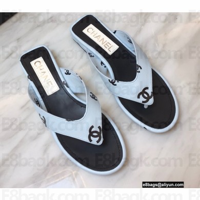 Chanel Logo Printed Lambskin Thong Flat Mules Blue 2022