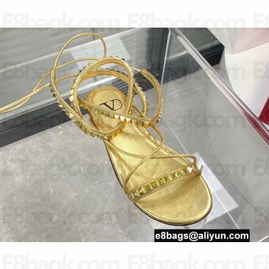 Valentino Rockstud No Limit Nappa Flat Ankle Sandals Gold 2022