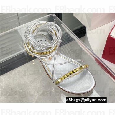 Valentino Rockstud No Limit Nappa Flat Ankle Sandals Silver 2022