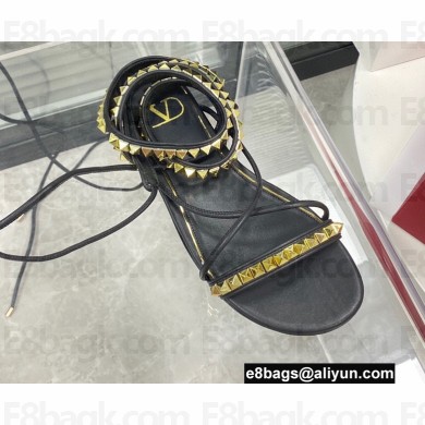Valentino Rockstud No Limit Nappa Flat Ankle Sandals Black 2022