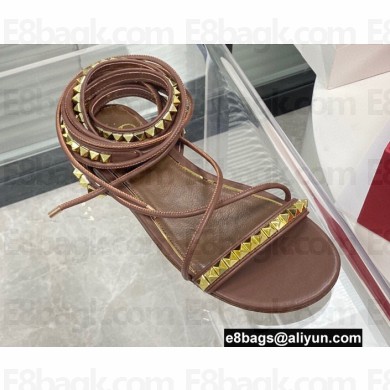 Valentino Rockstud No Limit Nappa Flat Ankle Sandals Brown 2022