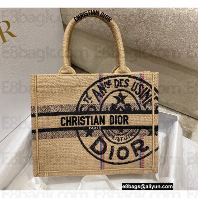 Dior Small Book Tote Bag in Beige Jute Canvas Embroidered with Dior Union Motif 2022