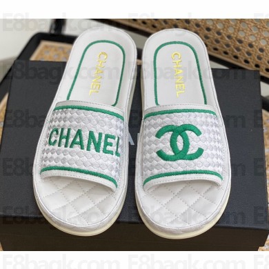 Chanel Logo Woven Slides Mules White/Green 2022