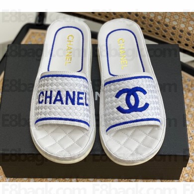 Chanel Logo Woven Slides Mules White/Blue 2022