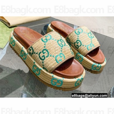 Gucci Heel 5.5cm Platform 4cm GG Slide Sandals Raffia Fabric Green 2022