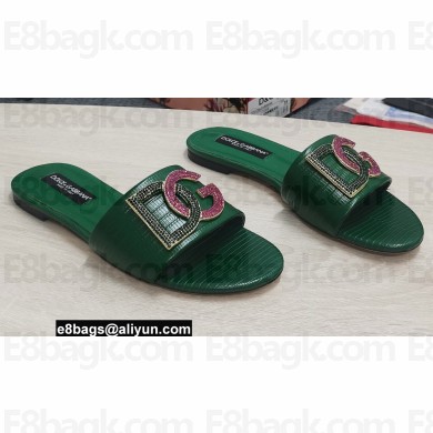 Dolce & Gabbana Iguana-print calfskin Slides with DG Logo Dark Green 2022