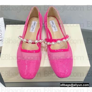 Jimmy Choo Ade Fishnet Mesh and Nappa Flats with Pearl-Embellished Strap Fuchsia 2022