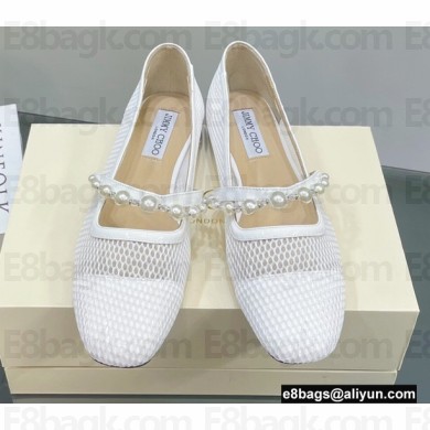 Jimmy Choo Ade Fishnet Mesh and Nappa Flats with Pearl-Embellished Strap White 2022
