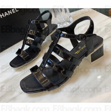 Chanel Heel 4.5cm Patent Leather Sandals Black 2022