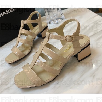 Chanel Heel 4.5cm Patent Leather Sandals Beige 2022