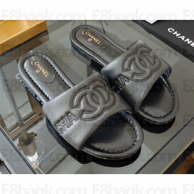 Chanel Logo Embroidery Flat Mules Black 2022