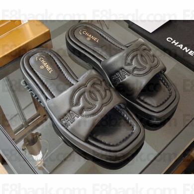 Chanel Logo Embroidery Slides Mules Black 2022