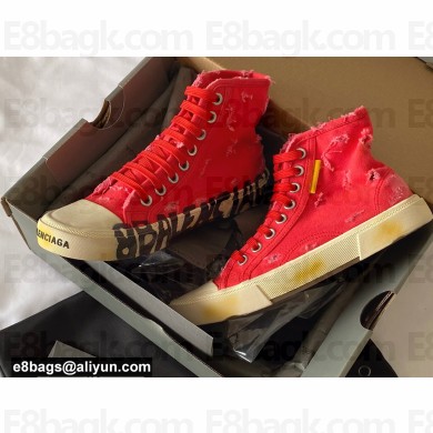 Balenciaga Paris High Top Sneakers in Destroyed cotton and rubber Red 2022