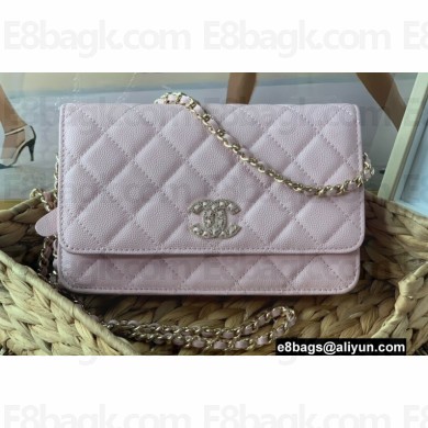 Chanel Crystal CC Logo Wallet on Chain WOC Bag in Grained Calfskin Light Pink 2022