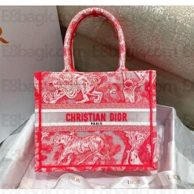Dior Small Book Tote Bag in Toile de Jouy Transparent Canvas Fluorescent Pink 2022