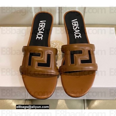 Versace Greca Maze Calfskin Flat Sandals Brown 2022