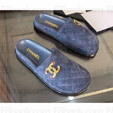 Chanel CC Logo Suede Calfskin Mules G38648 Navy Blue 2022