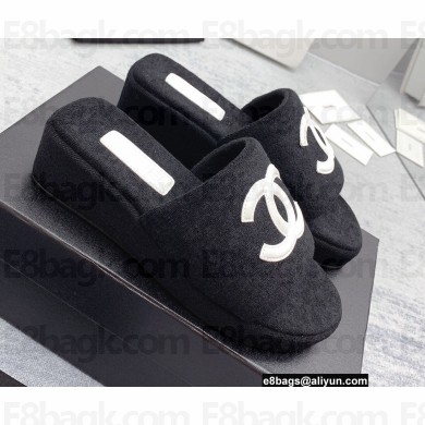 Chanel CC Logo Fabric Platform Mules Slide Sandals Black 2022