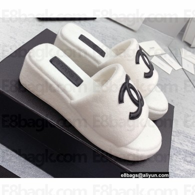 Chanel CC Logo Fabric Platform Mules Slide Sandals White 2022