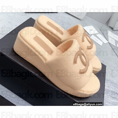 Chanel CC Logo Fabric Platform Mules Slide Sandals Beige 2022