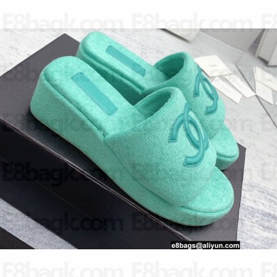 Chanel CC Logo Fabric Platform Mules Slide Sandals Green 2022