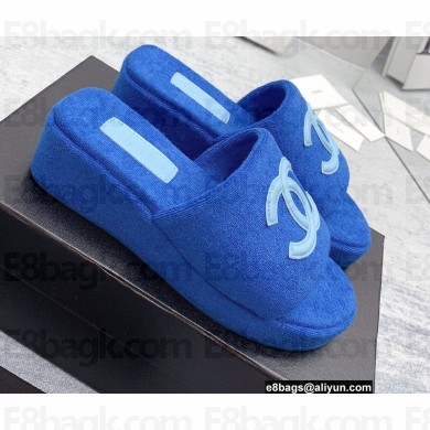 Chanel CC Logo Fabric Platform Mules Slide Sandals Blue 2022