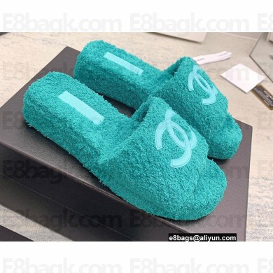 Chanel CC Logo Towel Platform Mules Slide Sandals Green 2022