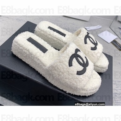 Chanel CC Logo Towel Platform Mules Slide Sandals White 2022