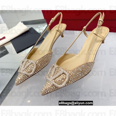 Valentino Heel 4.5cm Crystal VLogo Signature rhinestone slingback pumps Gold 2022