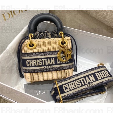 Lady Dior Mini Bag in Natural Wicker and Oblique Jacquard Black 2022