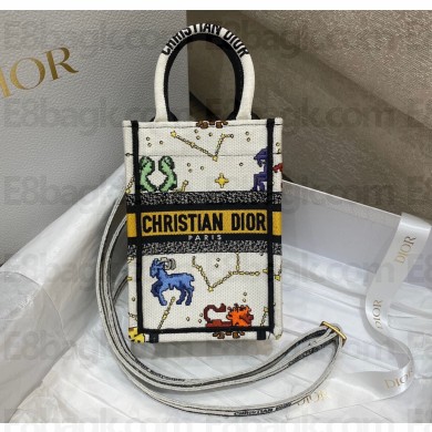 Dior Mini Book Tote Phone Bag in Multicolor Pixel Zodiac Embroidery Latte 2022