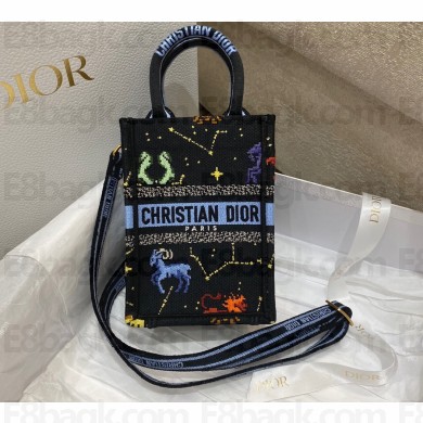 Dior Mini Book Tote Phone Bag in Multicolor Pixel Zodiac Embroidery Black 2022
