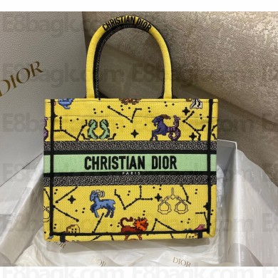 Dior Small Book Tote Bag in Multicolor Pixel Zodiac Embroidery Yellow 2022