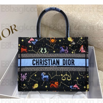 Dior Medium Book Tote Bag in Multicolor Pixel Zodiac Embroidery Black 2022
