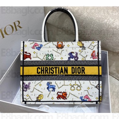 Dior Medium Book Tote Bag in Multicolor Pixel Zodiac Embroidery Latte 2022