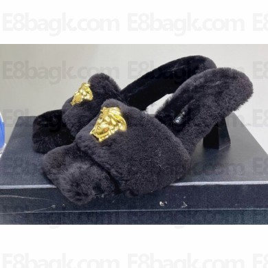 Versace Heel 7cm La Medusa Shearling Mules Black/Gold 2022