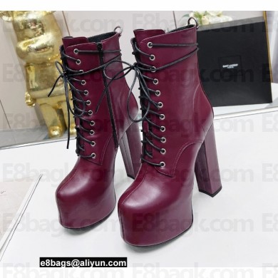 Saint Laurent Heel 14.5cm Platform 4.5cm Cherry Lace-up Booties Smooth Leather Burgundy 2022