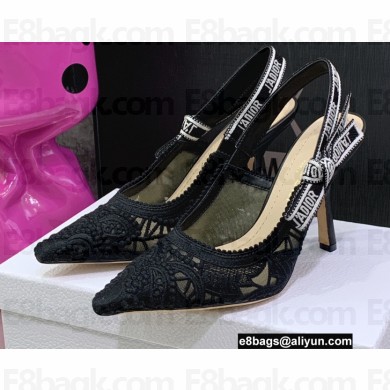 Dior Heel 9.5cm J'Adior Slingback Pumps in Macramé Embroidered Cotton Black 2022
