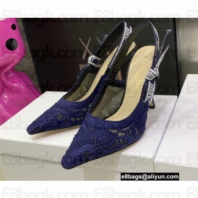 Dior Heel 9.5cm J'Adior Slingback Pumps in Macramé Embroidered Cotton Blue 2022