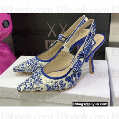 Dior Heel 9.5cm J'Adior Slingback Pumps in Bright Blue Toile de Jouy Embroidered Cotton 2022