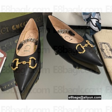 Gucci leather ballet flats with Horsebit and chain 621161 Black 2022