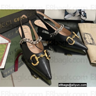 Gucci leather Slingbacks with Horsebit and chain Black 2022