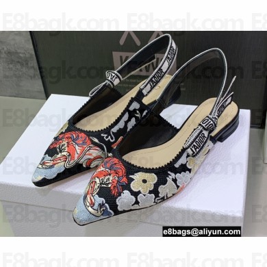 Dior J'Adior Slingback Ballerina Flats in Black Multicolor Embroidered Cotton with Toile de Jouy Pop Motif 2022