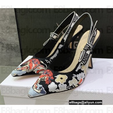 Dior Heel 9.5cm J'Adior Slingback Pumps in Black Multicolor Embroidered Cotton with Toile de Jouy Pop Motif 2022