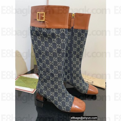 Gucci Logo buckle GG knee-high boots ‎678278 Denim Blue 2022