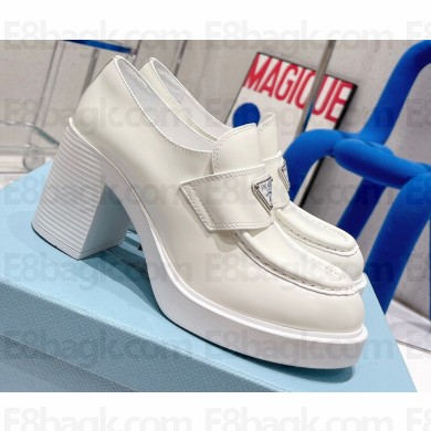 Prada Chocolate high-heeled brushed leather loafers White 2022